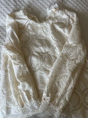 Sezane Cream Lace Eyelet Long-Sleeve Blouse